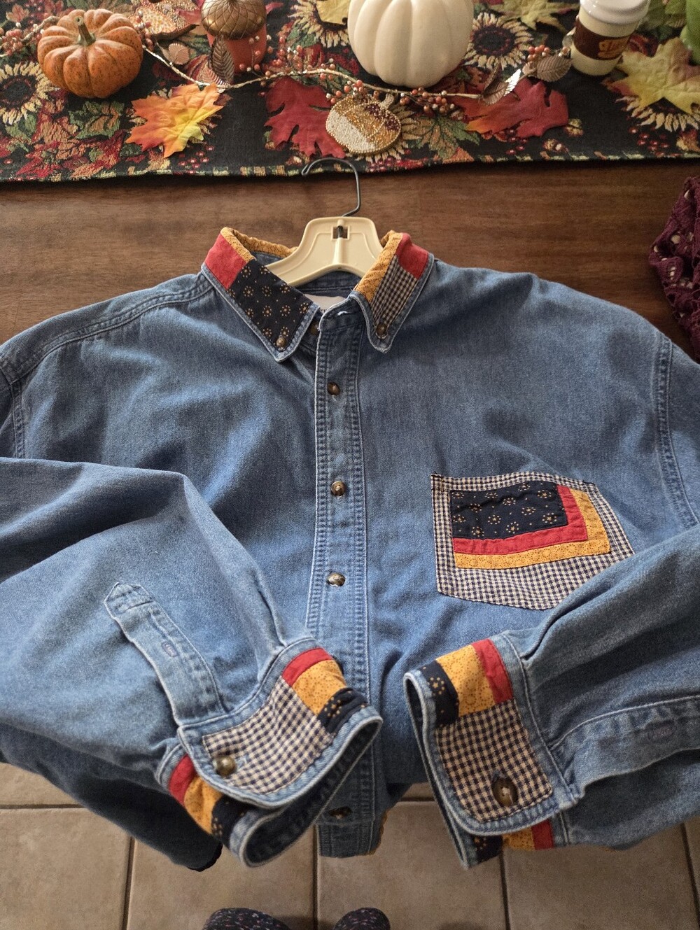 Lighthouse Apparel Denim Shacket Patchwork Trim Fall Orchards Granola Size Large